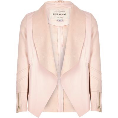 Girls light pink leather-look draped jacket